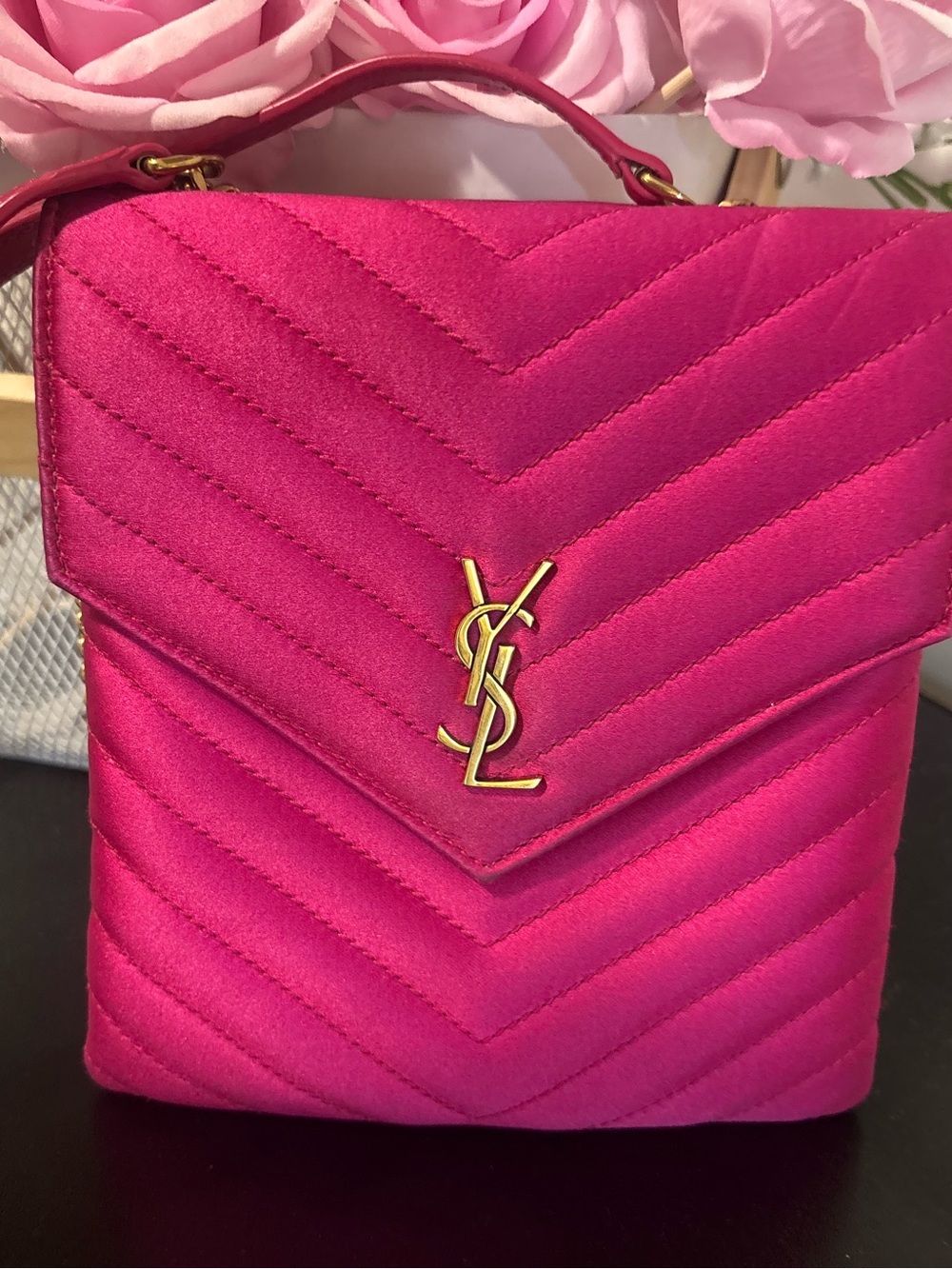 Saint Laurent Fuchsia Quilted Satchel with Gold YSL Accent